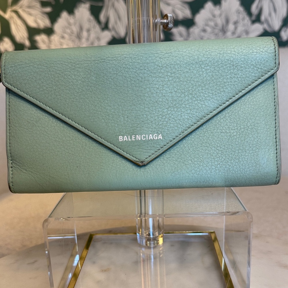 Balenciaga Authentic Mint Green Leather Envelope Wallet